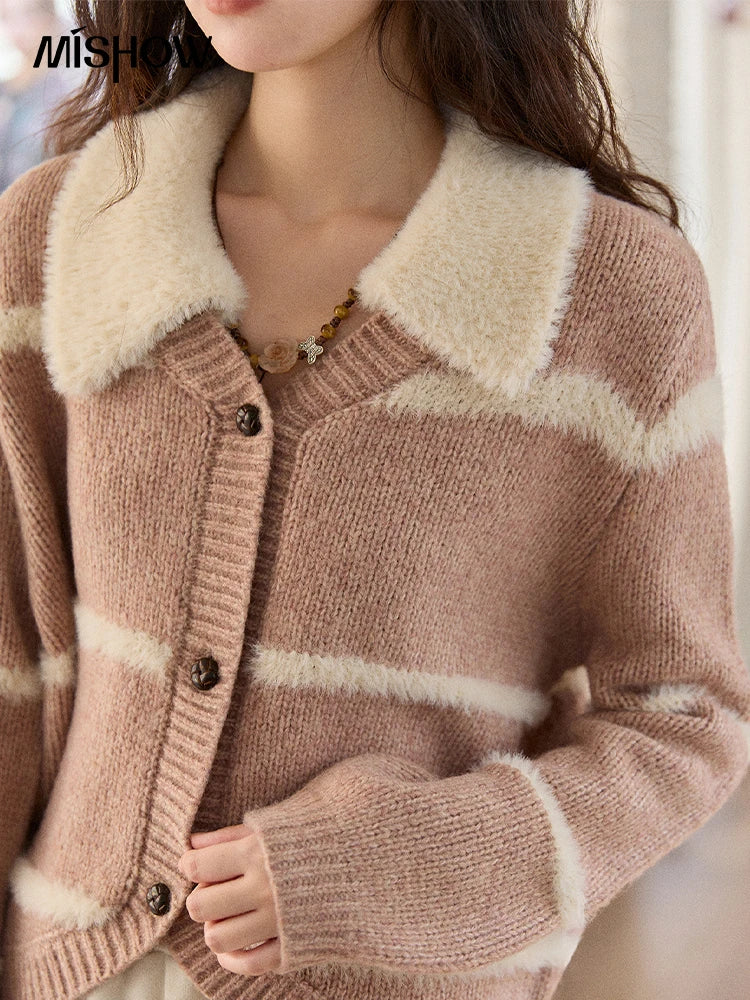 Mishow Faux Mink Turn-Down Collar Striped Cardigan MXE89Z2668