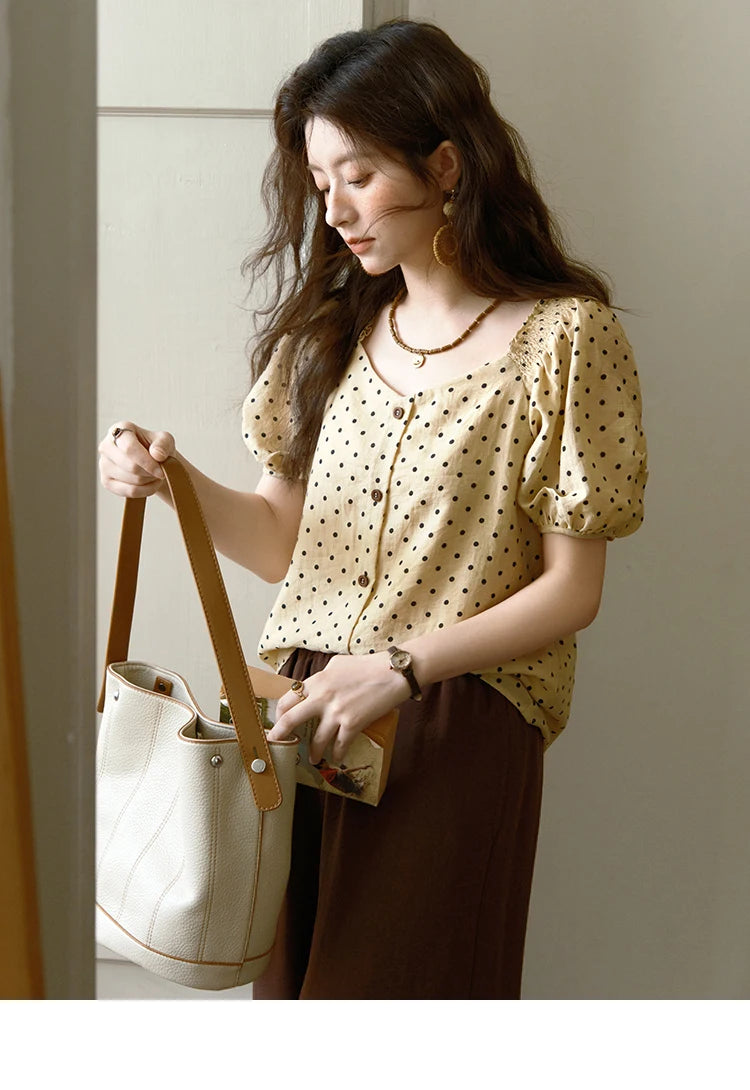 MISHOW Polka Dot Puff Sleeve Blouse V-Neck Button MXE37X1859