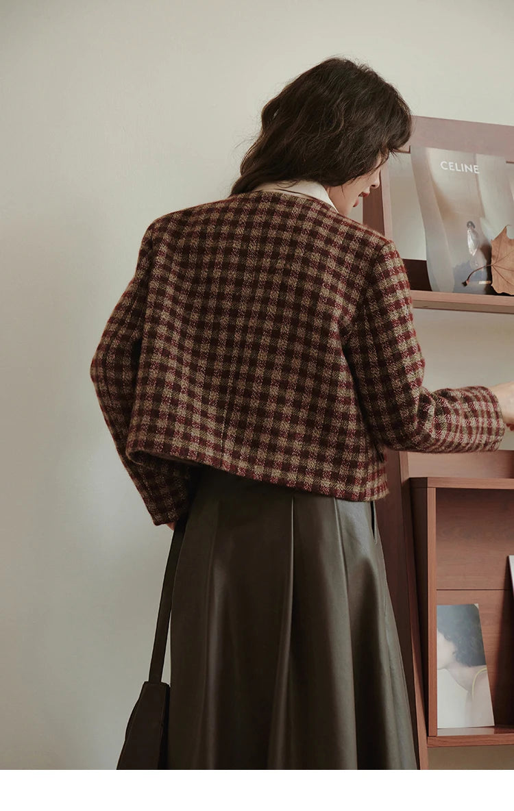 Mishow Vintage French Crop Plaid Woolen Top MXC48W0175