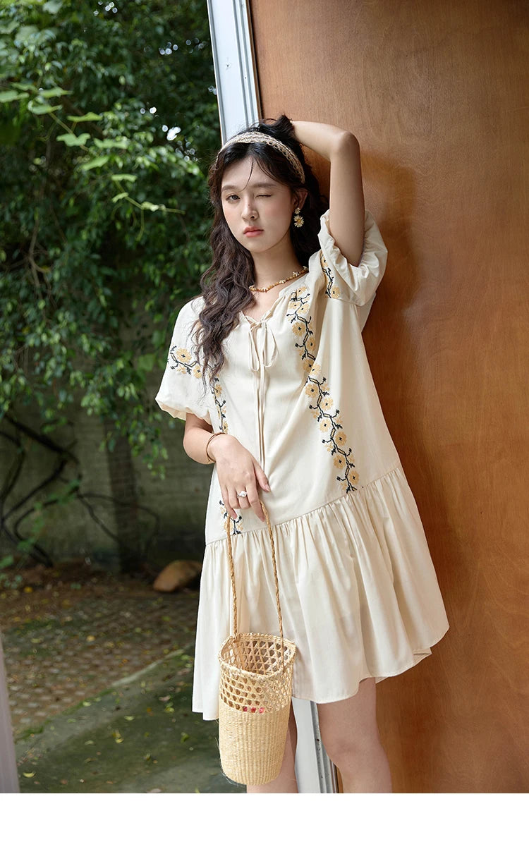Mishow Korean Sunflower Embroidery Lace-Up Doll Dress MXD30L1959