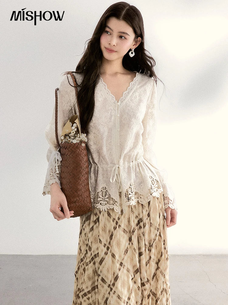 MISHOW Lace V-Neck Blouse Drawstring Waist Ruffled Hem MXF108X0998