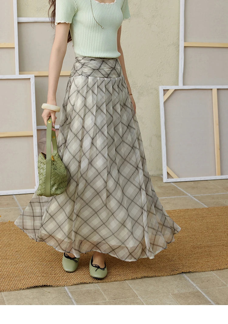 MISHOW Apricot Green Retro Plaid Skirt Pleated Chiffon High Waist A-Line MXE35B0747
