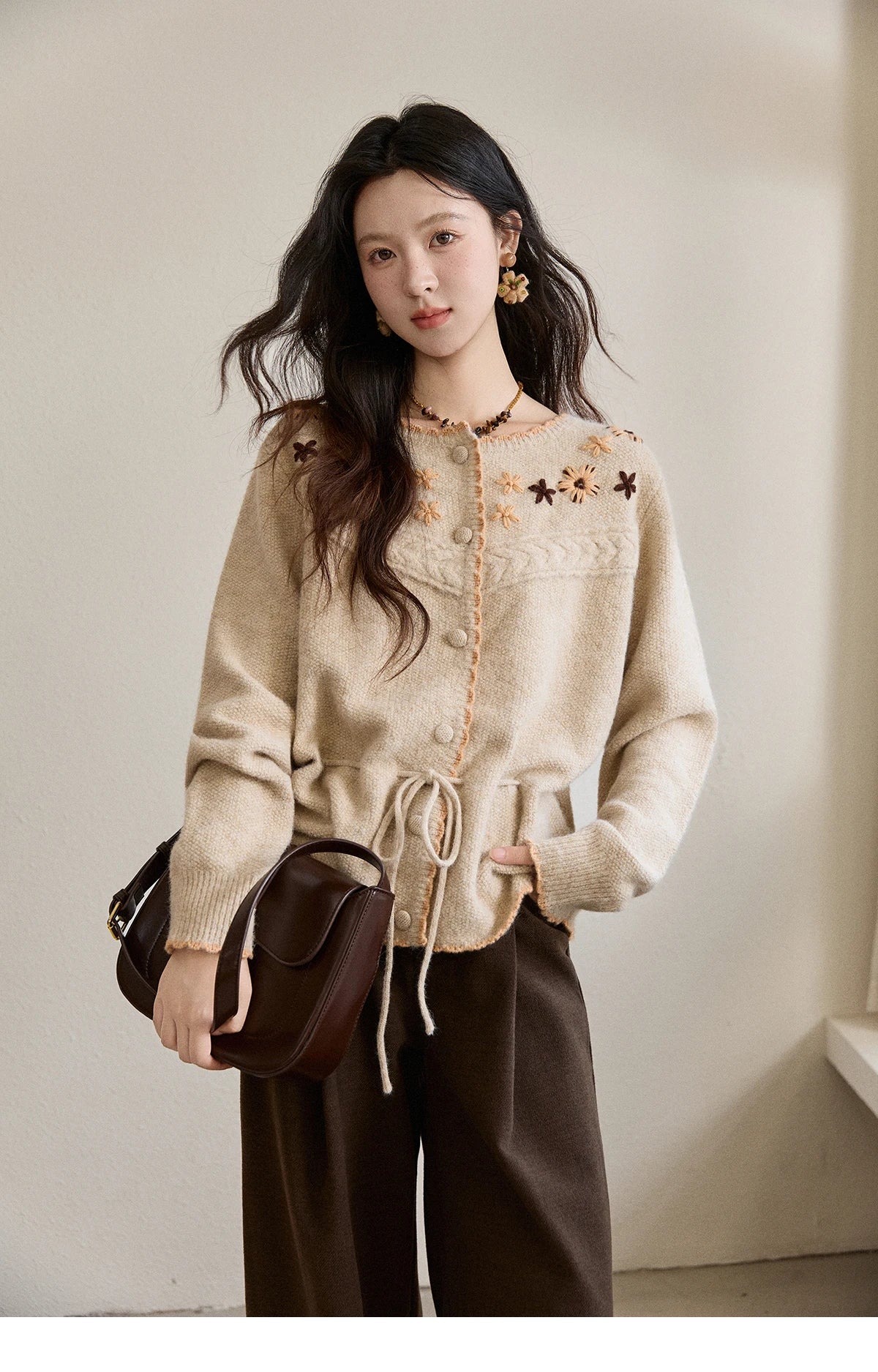 Mishow Apricot Hand-Embroidered Wool Blend Waist Tie Cardigan MXE87Z2702