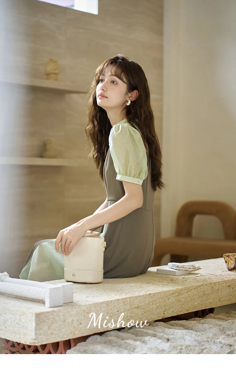Mishow Chinese Style Puff Sleeve Fake Two-Piece Dress MXC35L1354