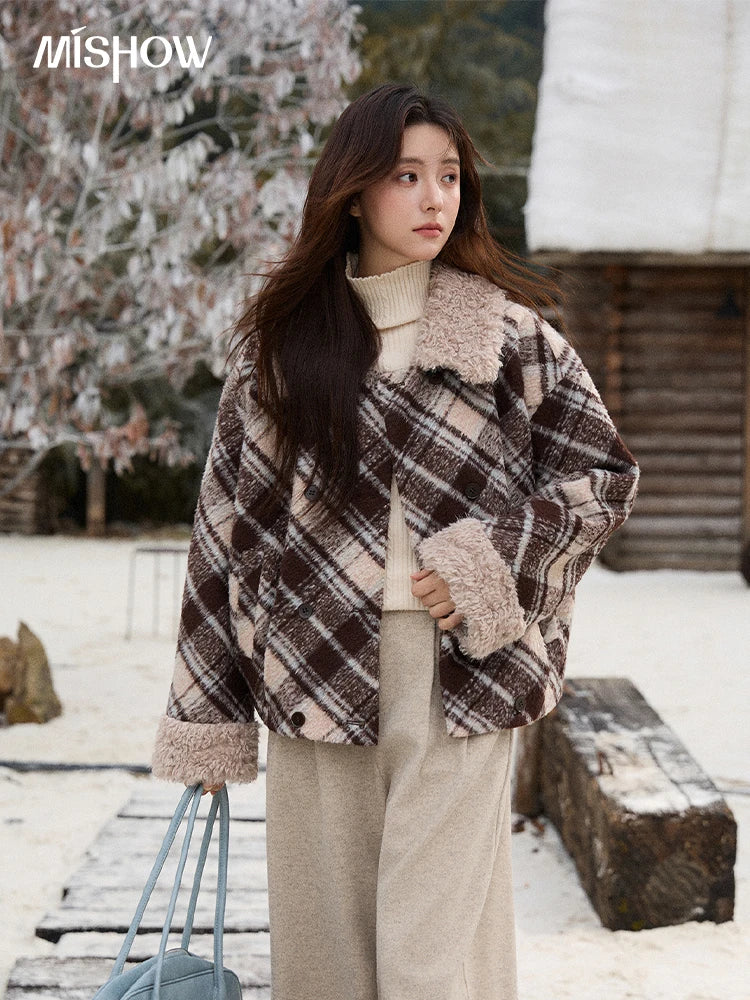 Mishow Retro Plaid Turn-Down Collar Wool Blend Jacket MXE89W0904