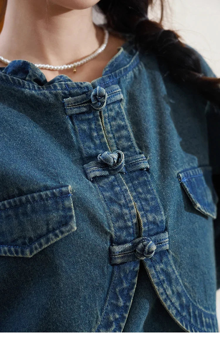 Mishow Retro Chinese Buckle Denim Vest Dress MXD14L1771