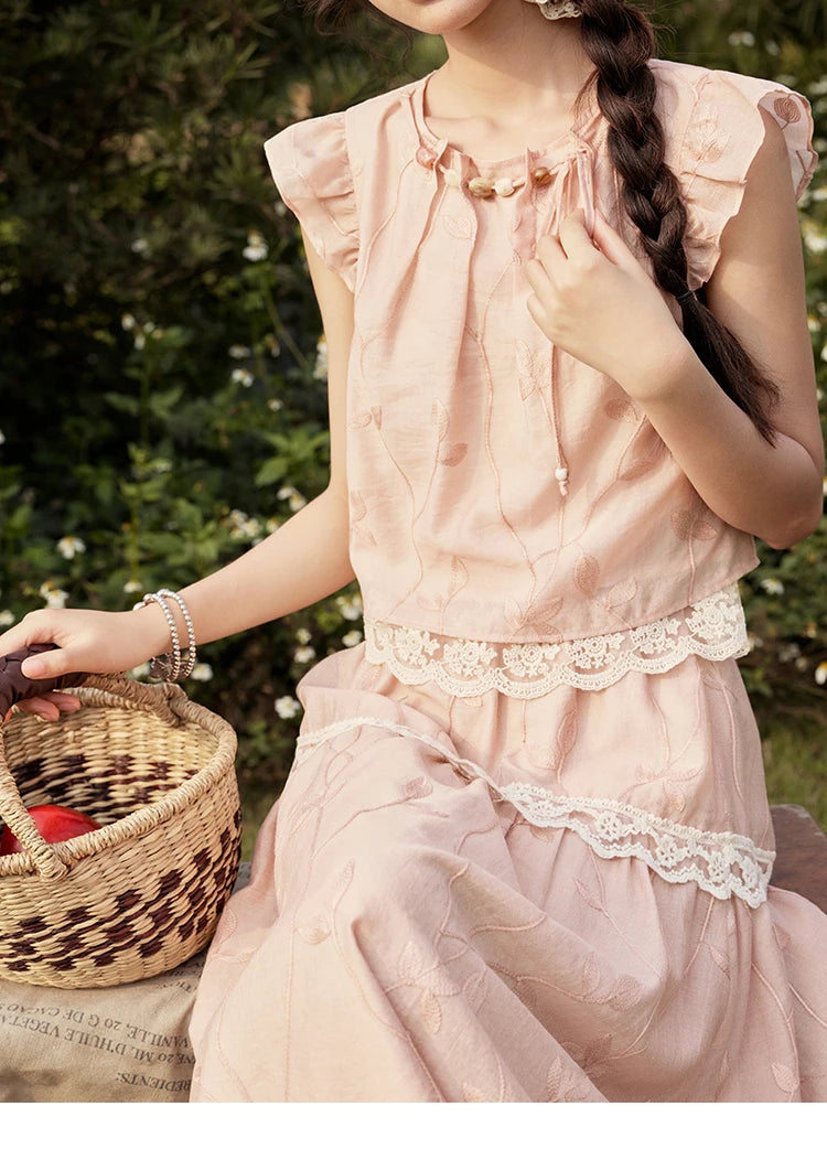 Mishow Short Flying Sleeve Top & Hollow Embroidery A-Line Skirt Set MXE33T0545