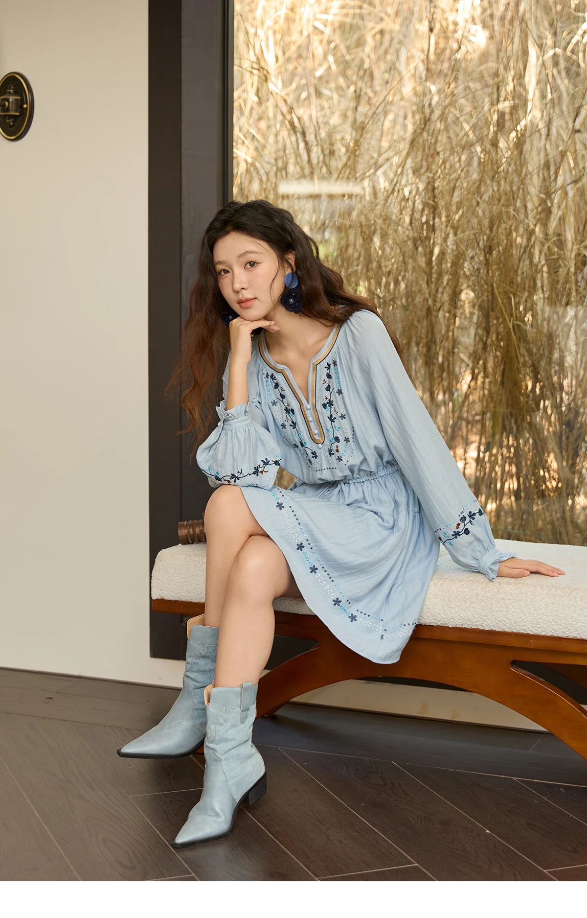 Mishow V-Neck Embroidered Drawstring Bohemian Dress MXE44L2489
