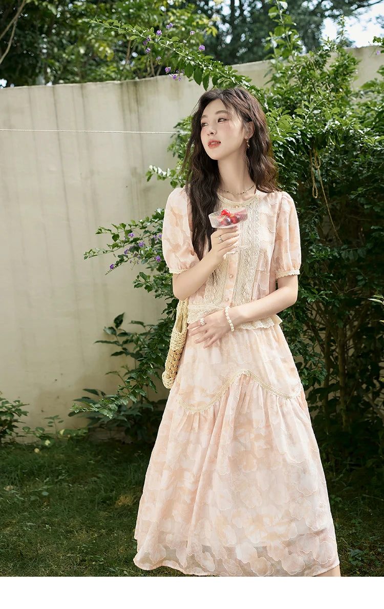 MISHOW French Embroidered Lace Bubble Sleeve Top & Elastic Waist Skirt Set MXD23X1428