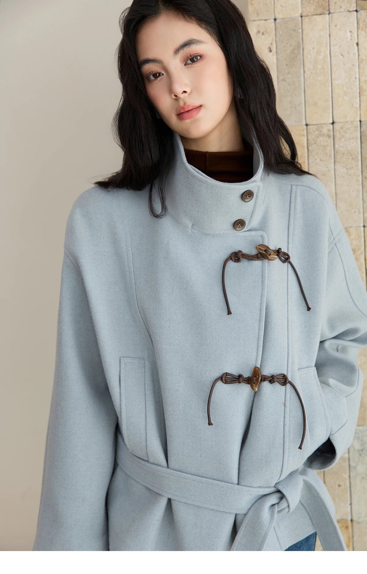 Mishow Blue Double-Breasted Lace Up Woolen Coat MXE51W0872