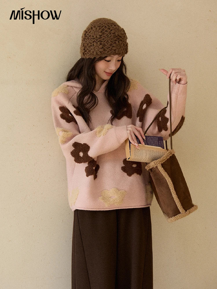 Mishow Pink Floral Hooded 3D Jacquard Pullover MXE90Z2786