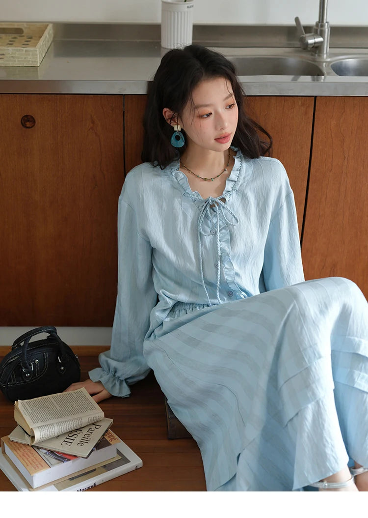 Mishow Light Blue Linen V-Neck Lace-Up Shirt & Elastic Skirt Set MXE41T0700