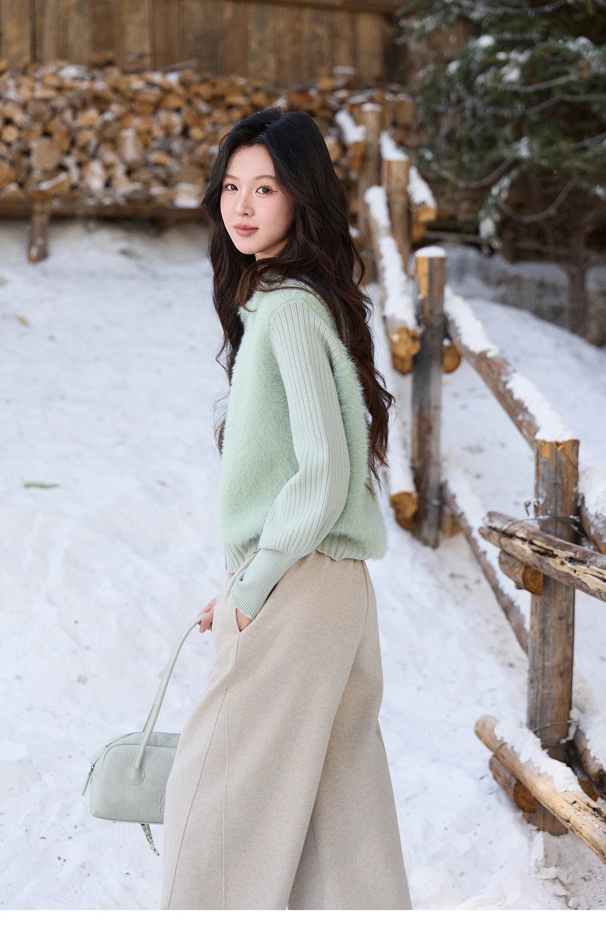 Mishow Green Faux Mink Fur Patchwork Lapel Cardigan MXE86Z2764