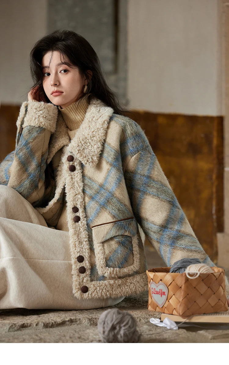 MISHOW Splicing Fleece Plaid Tweed Jacket Turn Down Collar MXD55W0574