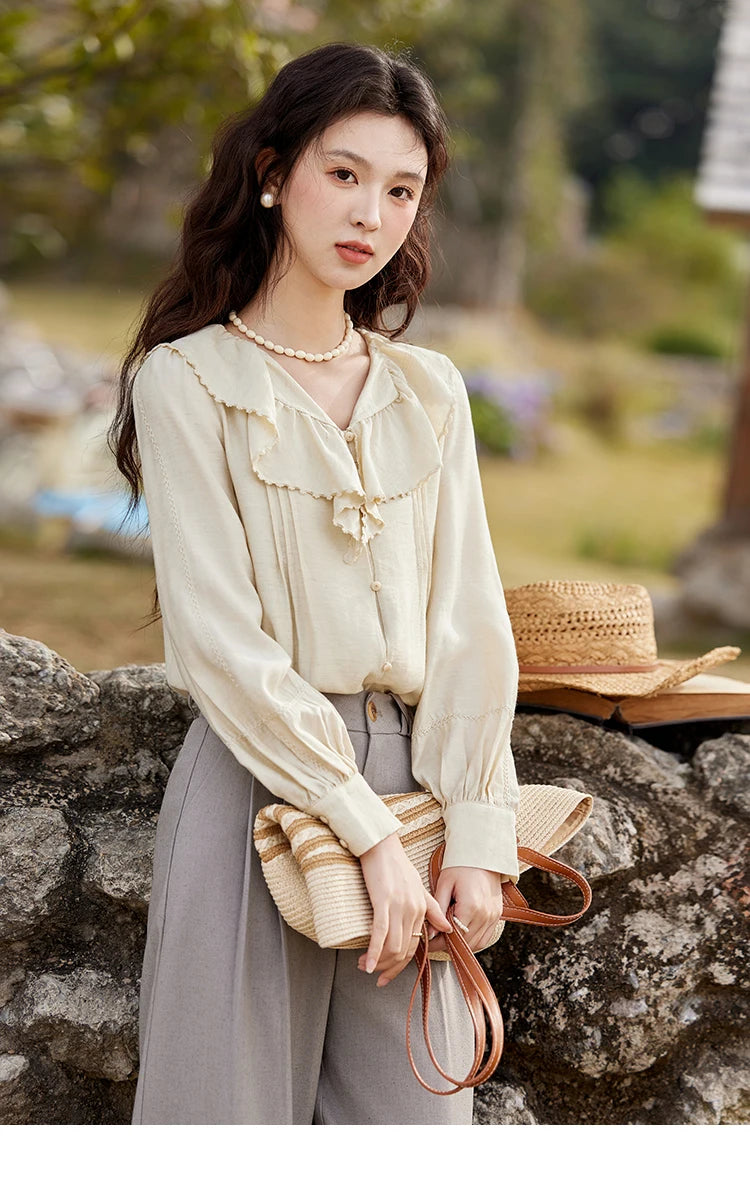 MISHOW Lotus Leaf Collar Shirt Bubble Sleeves Pink Chiffon MXE12X1702