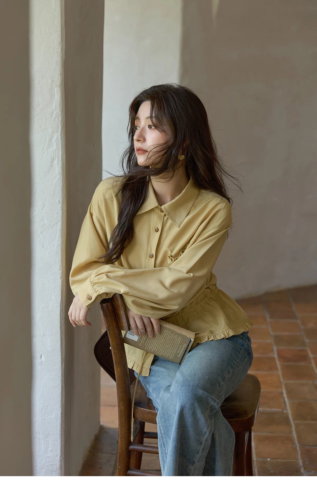MISHOW Yellow Drawstring Waist Shirt Lapel Lantern Sleeve MXE42C2368