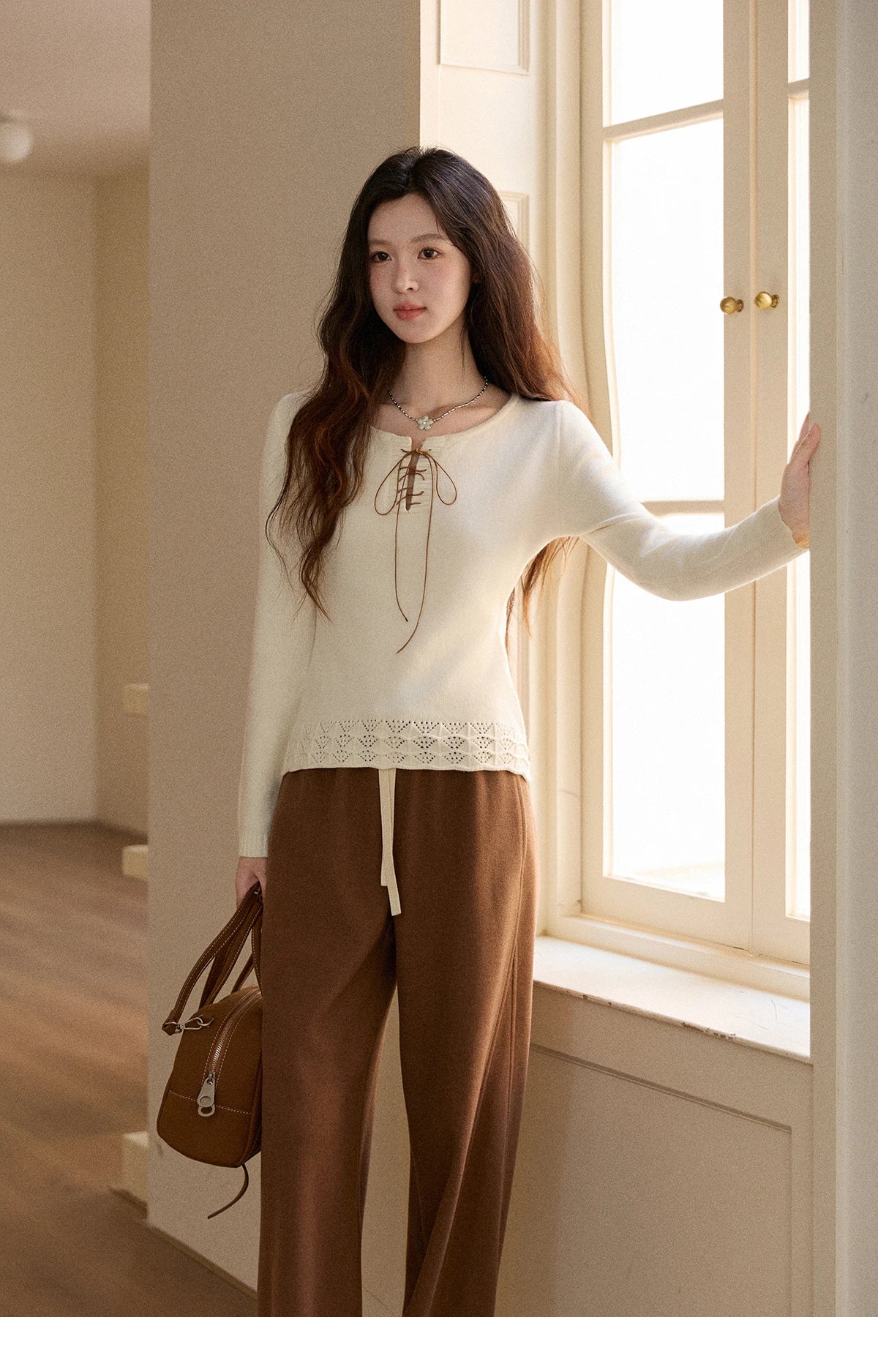 Mishow Beige Contrast French Hem Crochet Sweater MXE89Z2634