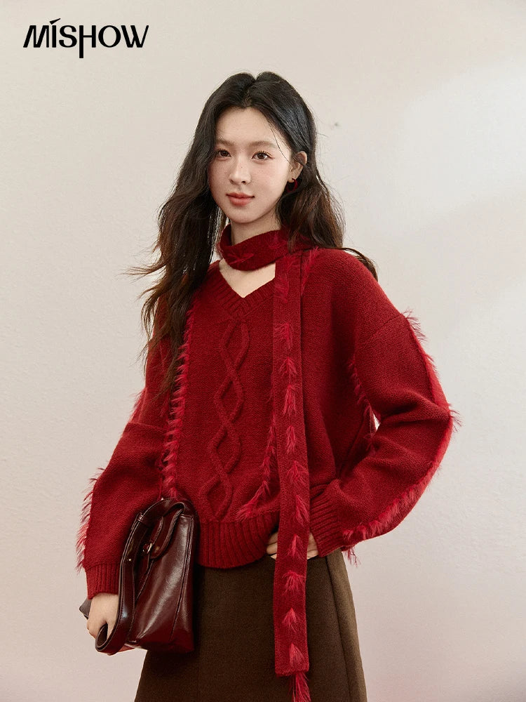 Mishow Burgundy Christmas Mink Fur Tassel Sweater MXE93Z2809