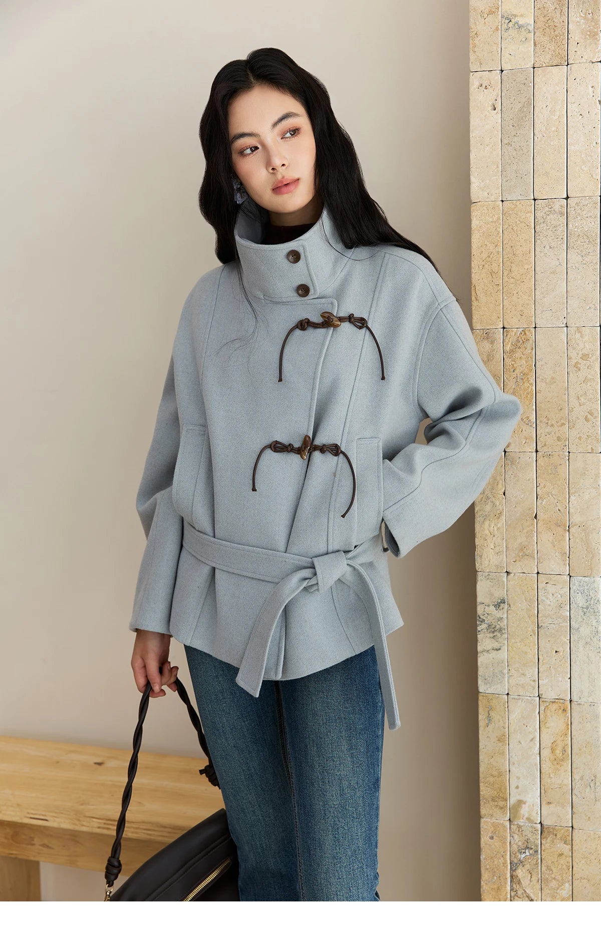 Mishow Blue Double-Breasted Lace Up Woolen Coat MXE51W0872