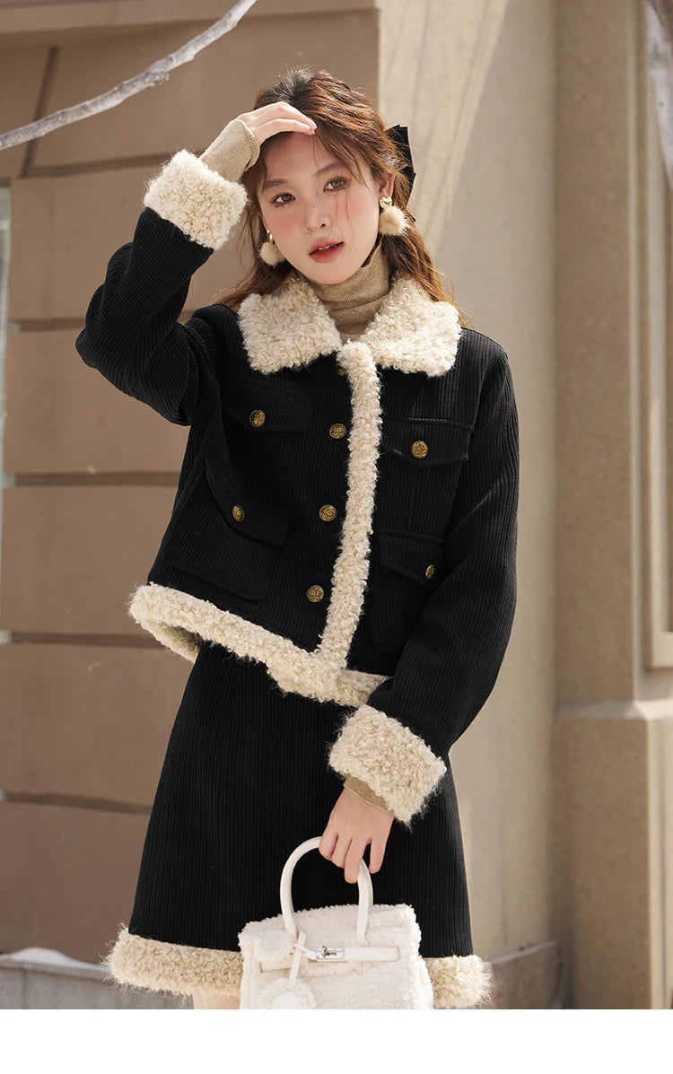 Mishow French Corduroy Patchwork Jacket & Mini Skirt Set MXC57W0180