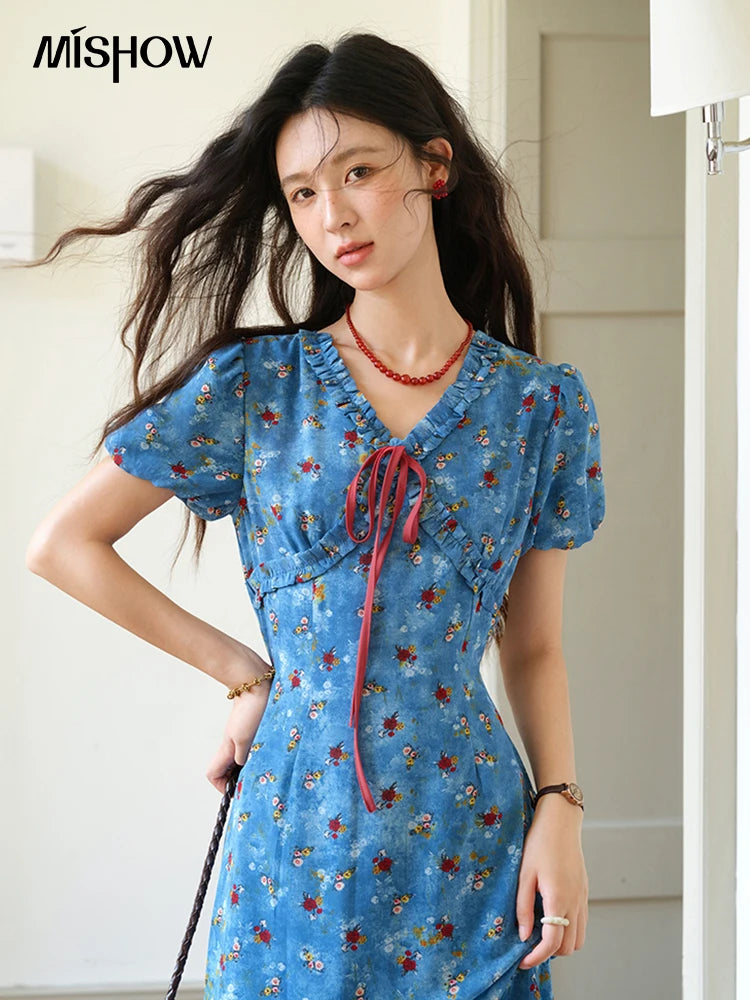 Mishow V-Neck Lace-Up Puff Sleeve Chiffon Dress MXE39L2401