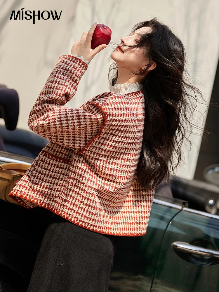 Mishow Red Plaid Double Breasted Tweed Jacket MXD56W0631