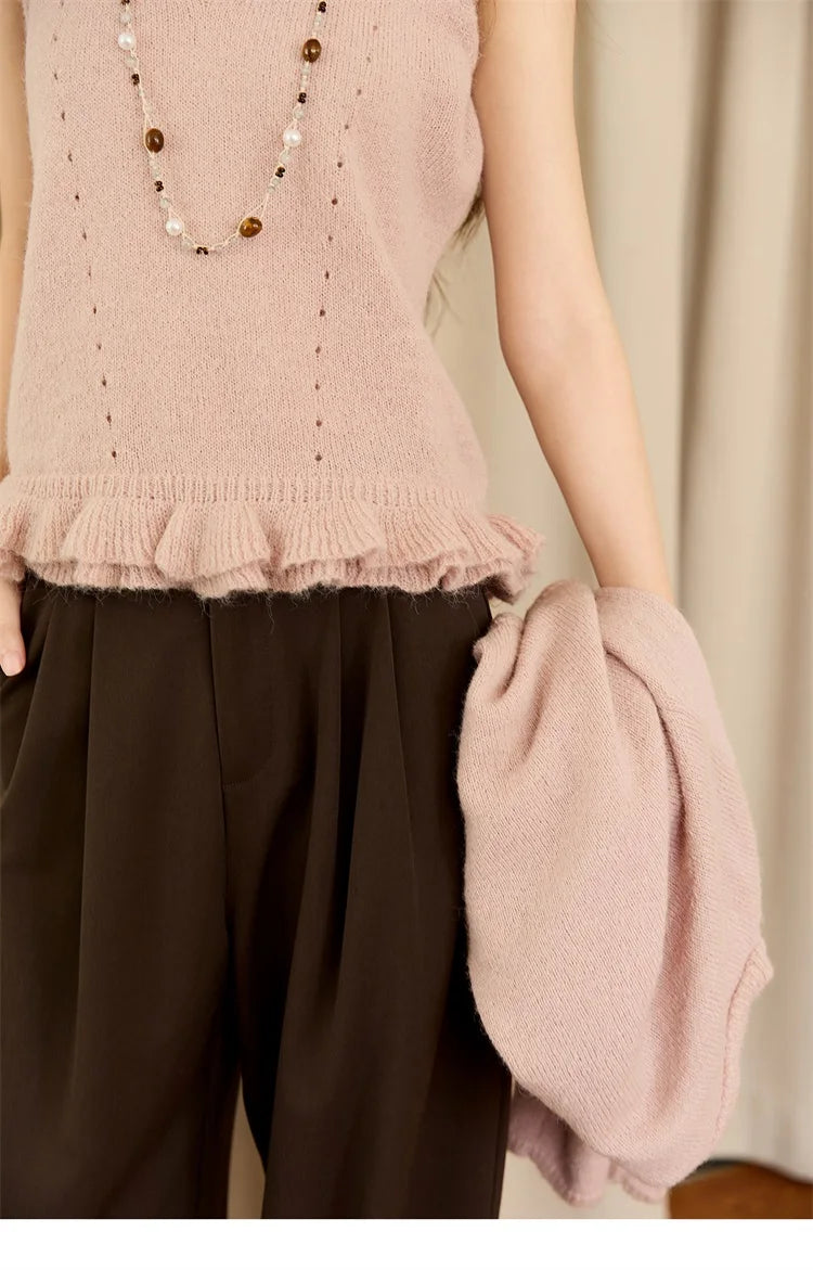 Mishow Pink Crew Neck Cardigan & Suspenders Set MXE48T1404