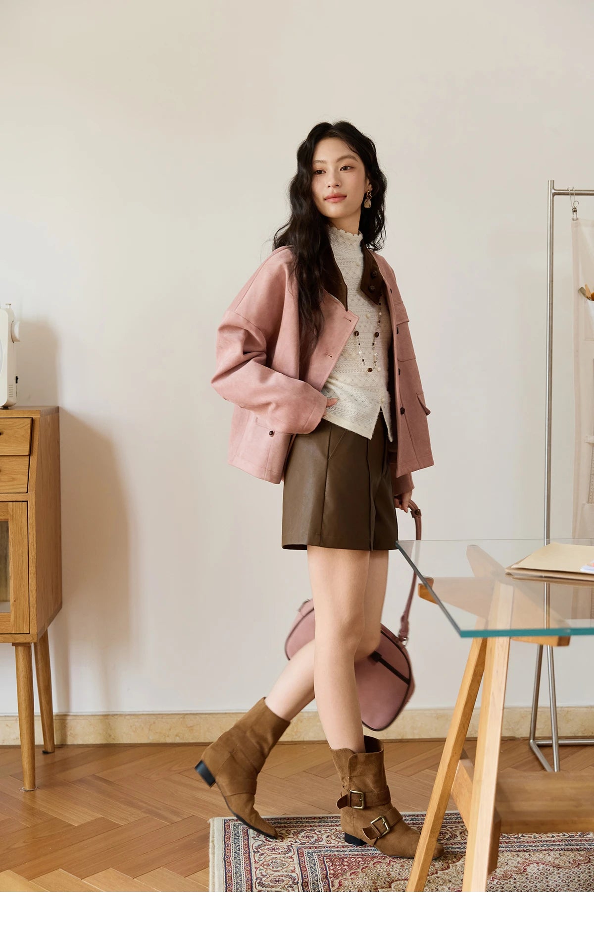 MISHOW Pink Coffee Suede Jacket Stand Collar Contrast Color MXE48W0851