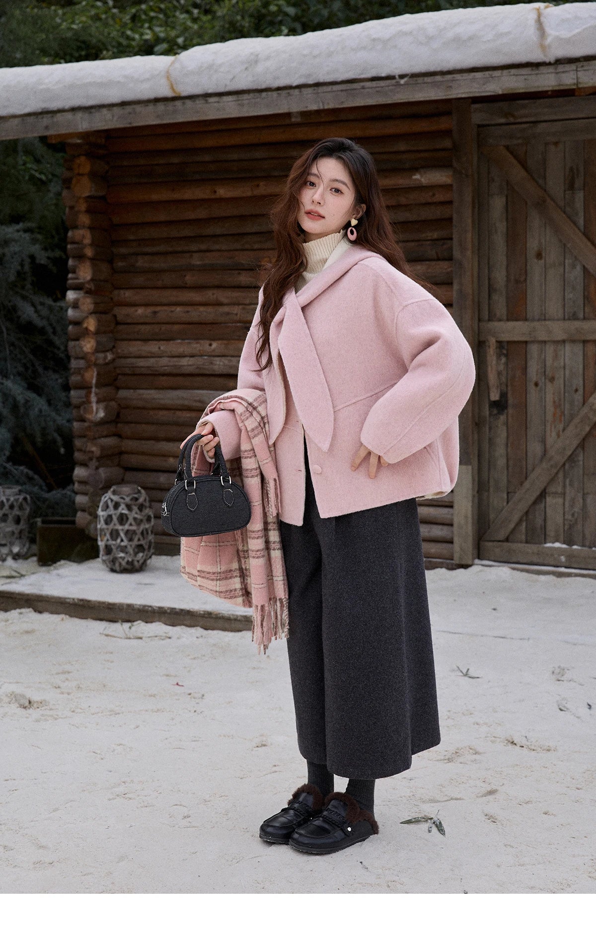 Mishow Pink Wool Hooded Bow Tie Strap Coat MXE91W1010