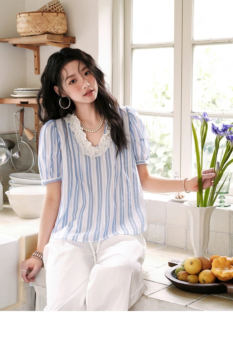 MISHOW Cotton Striped Blouse Lantern Sleeve Lace V-Neck MXE36X1845