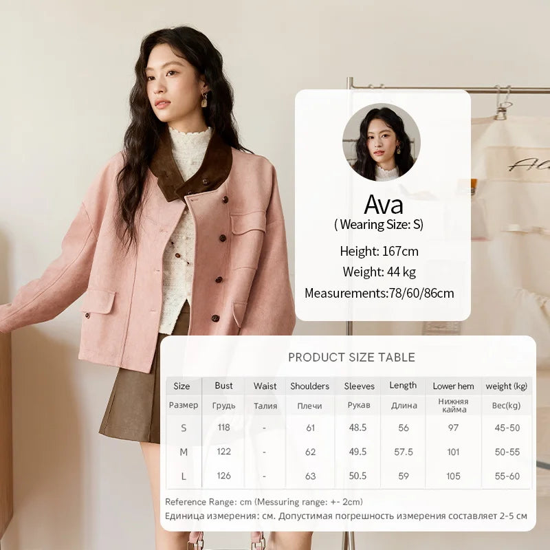 MISHOW Pink Coffee Suede Jacket Stand Collar Contrast Color MXE48W0851