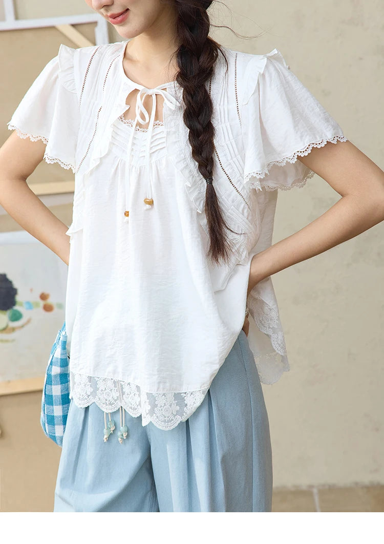 MISHOW White Lace Up Blouse Butterfly Sleeve Hollow Lace MXE34X1784