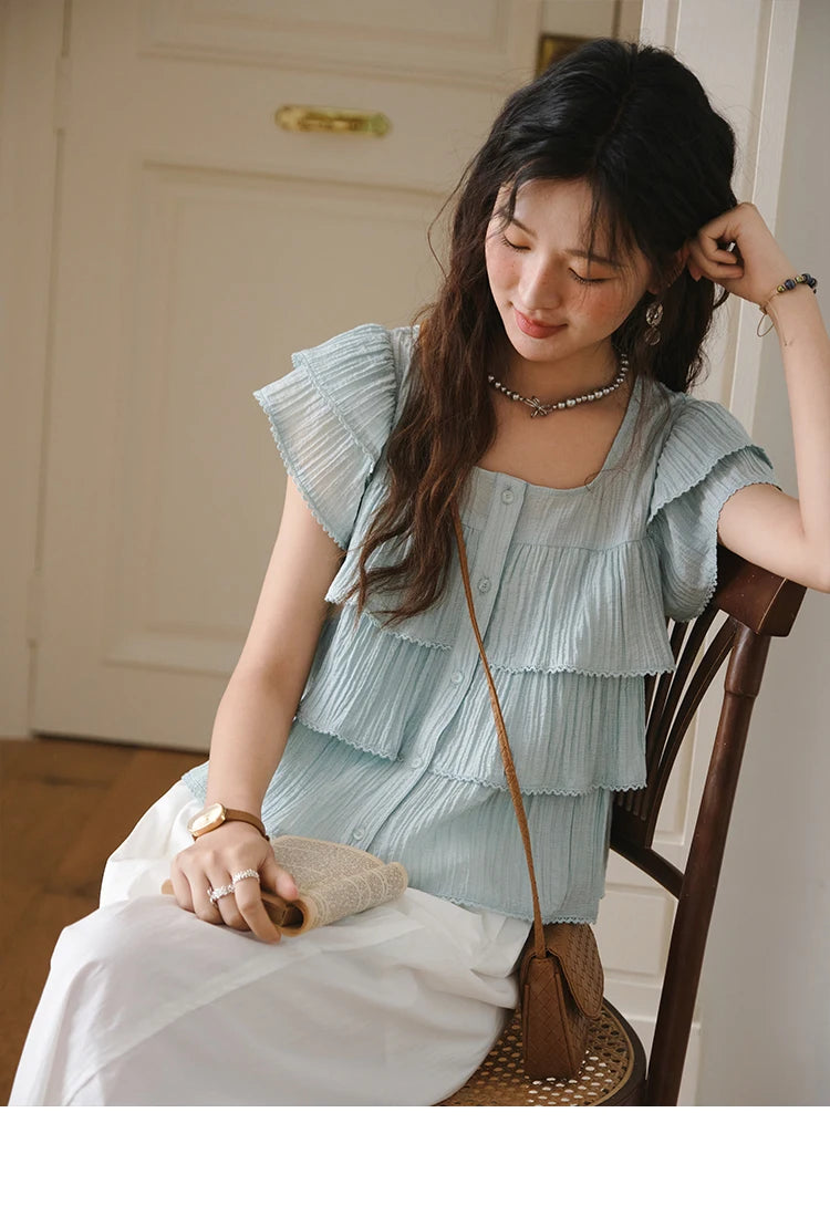 MISHOW Butterfly Sleeve Chiffon Shirt Square Neck Button MXD30X1488