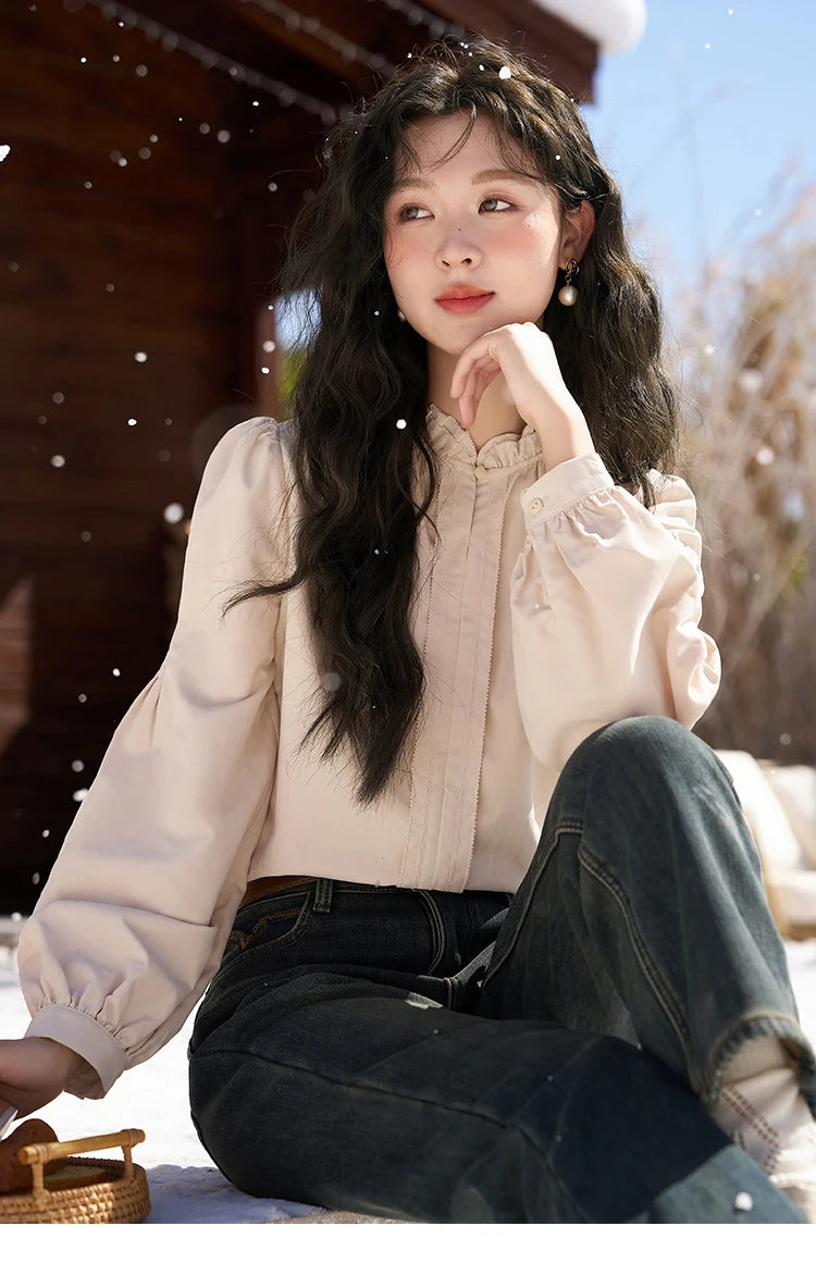 MISHOW Button Up Lantern Sleeve Shirt Ruffle Neck MXC56X1320