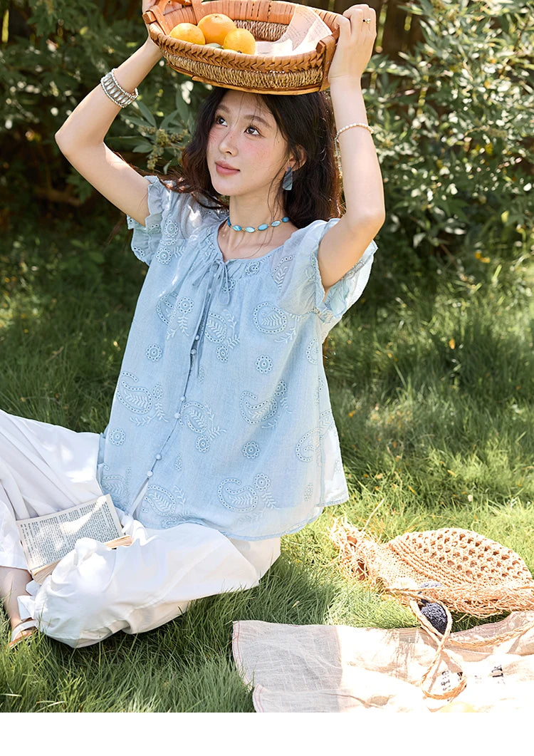 MISHOW Embroidered Flower Shirt Puff Sleeve Round Neck MXE39X1922