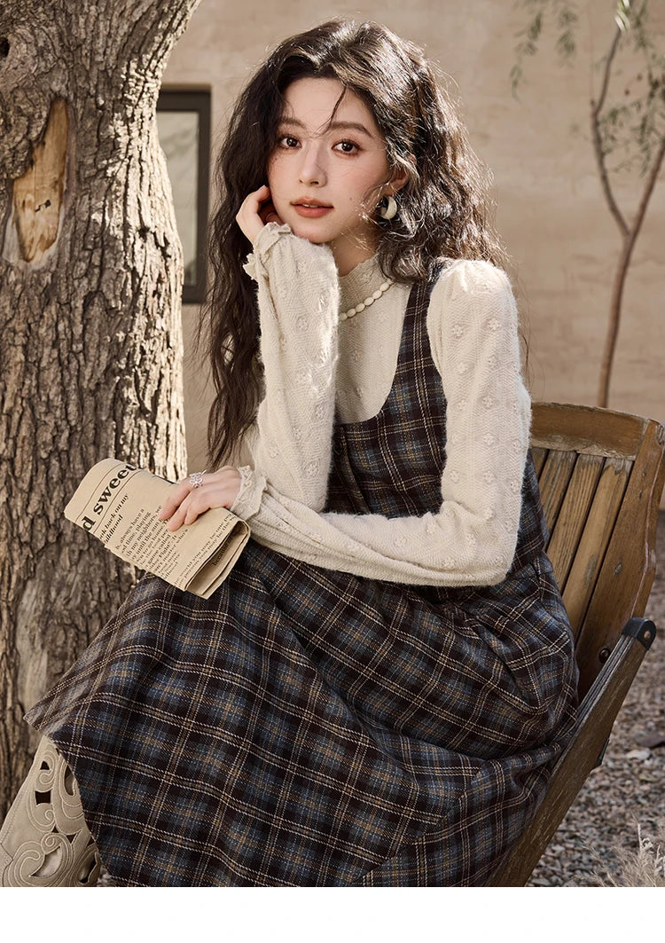 Mishow Blue Plaid Square Collar Vest & Midi Skirt Set MXD44W0454