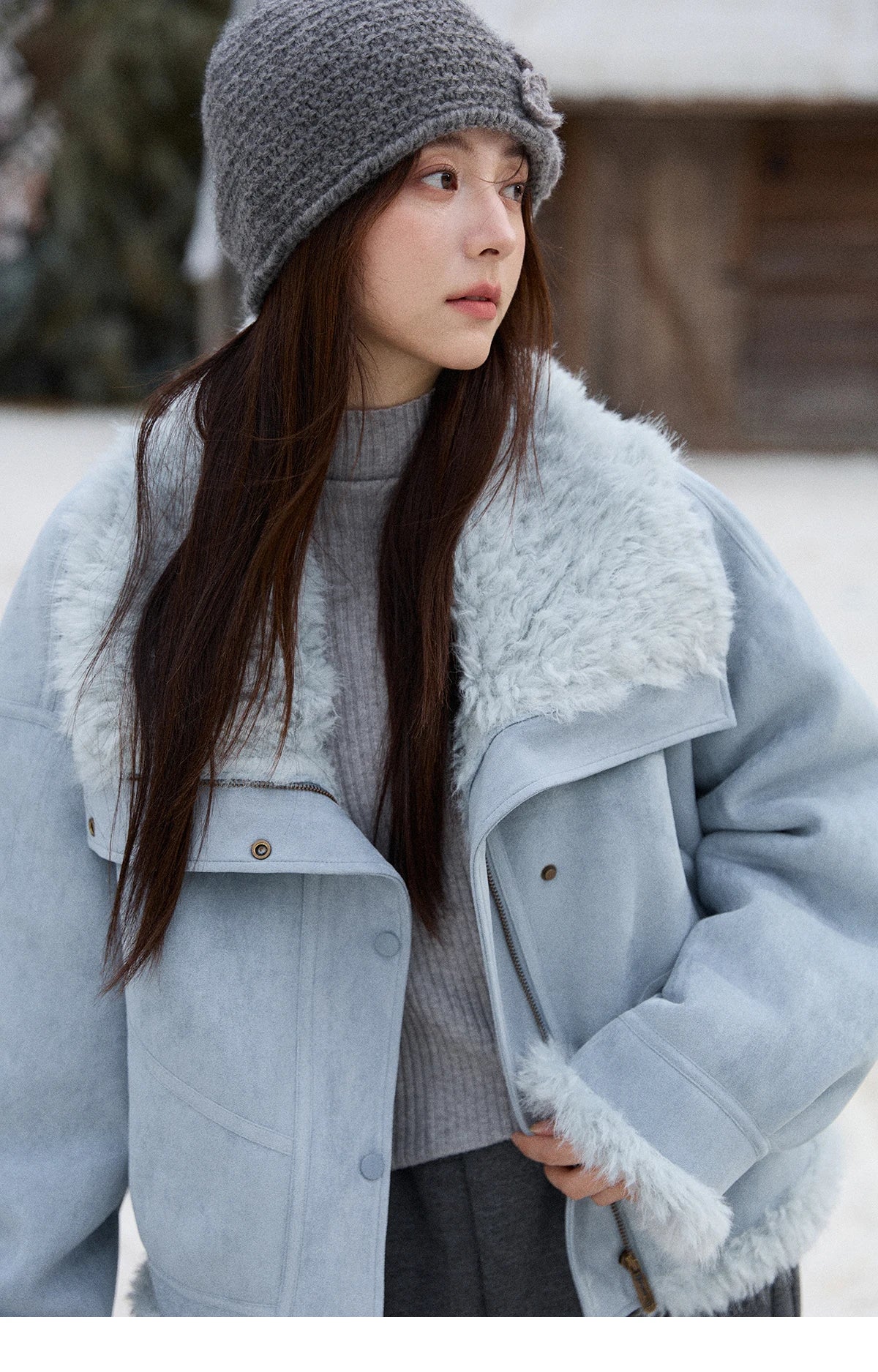 MISHOW Blue Plush Jacket Turn-Down Collar Zip-Up Loose MXE87W0917