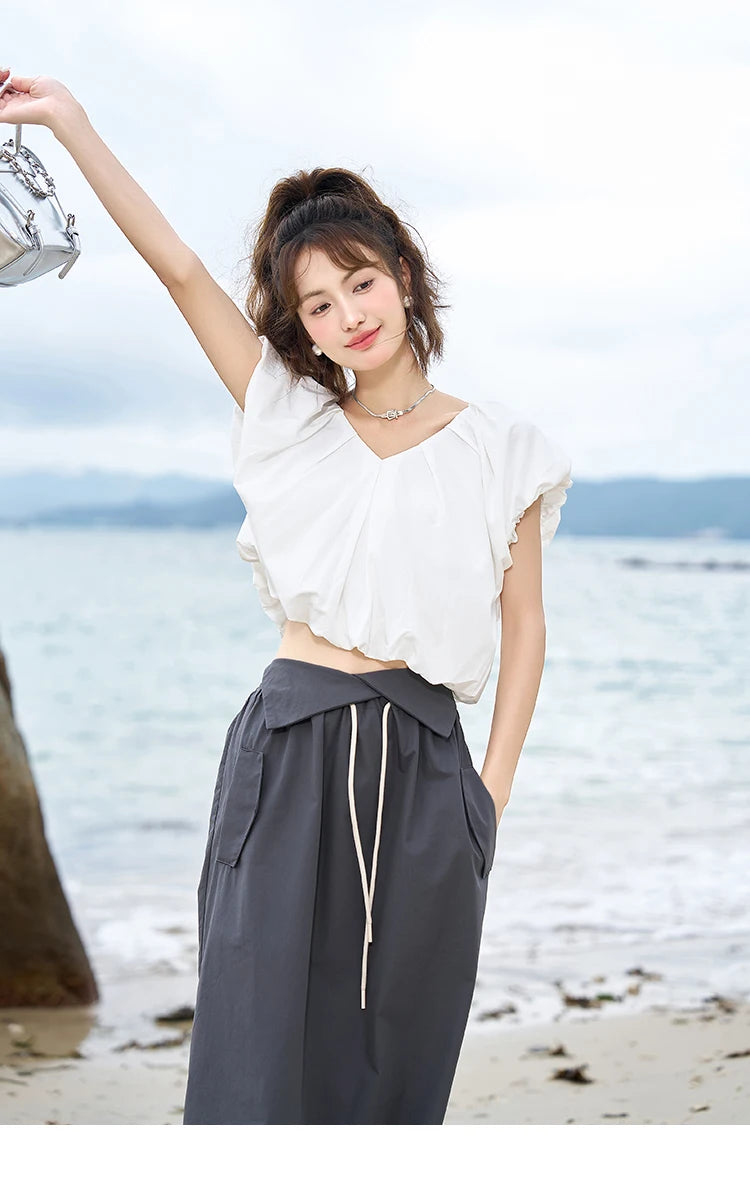 MISHOW French Rear Collar Tie Blouse V-Neck Puff Sleeve MXC38X1275