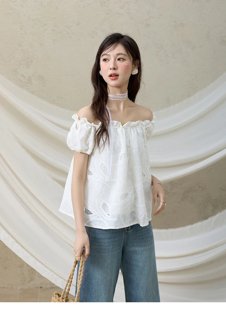 MISHOW Slash Neck Lace Blouse Short Sleeve Solid MXE35X1775