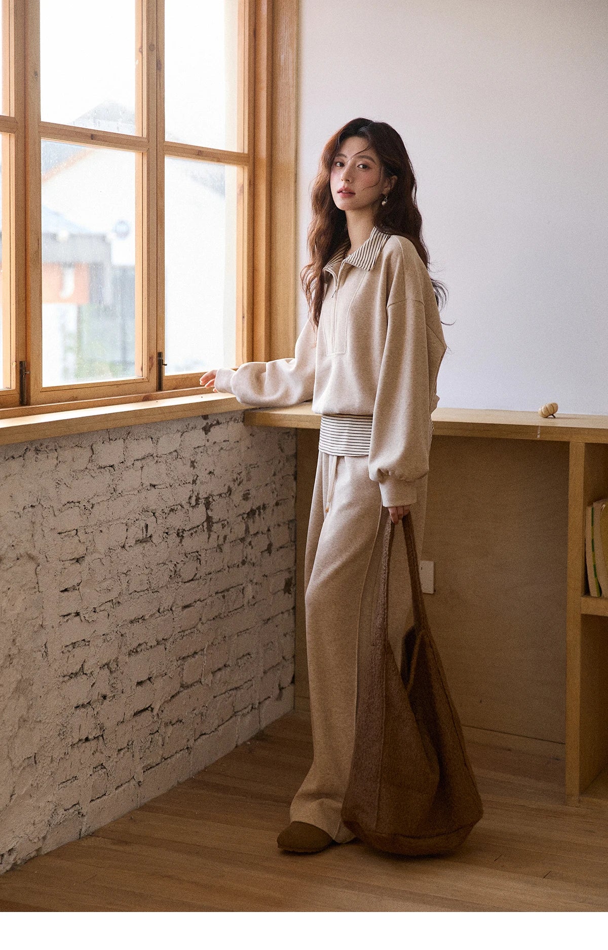 Mishow Retro Striped Lapel Half-Zip Sweatshirt & Wide Leg Pants Set MXE87T1425