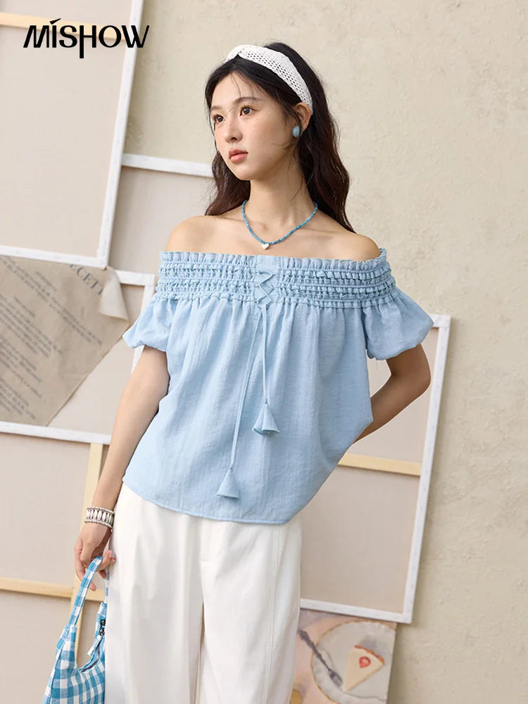 MISHOW Mist Blue One Shoulder Blouse Elastic Pleated Puff Sleeve MXE34X1796