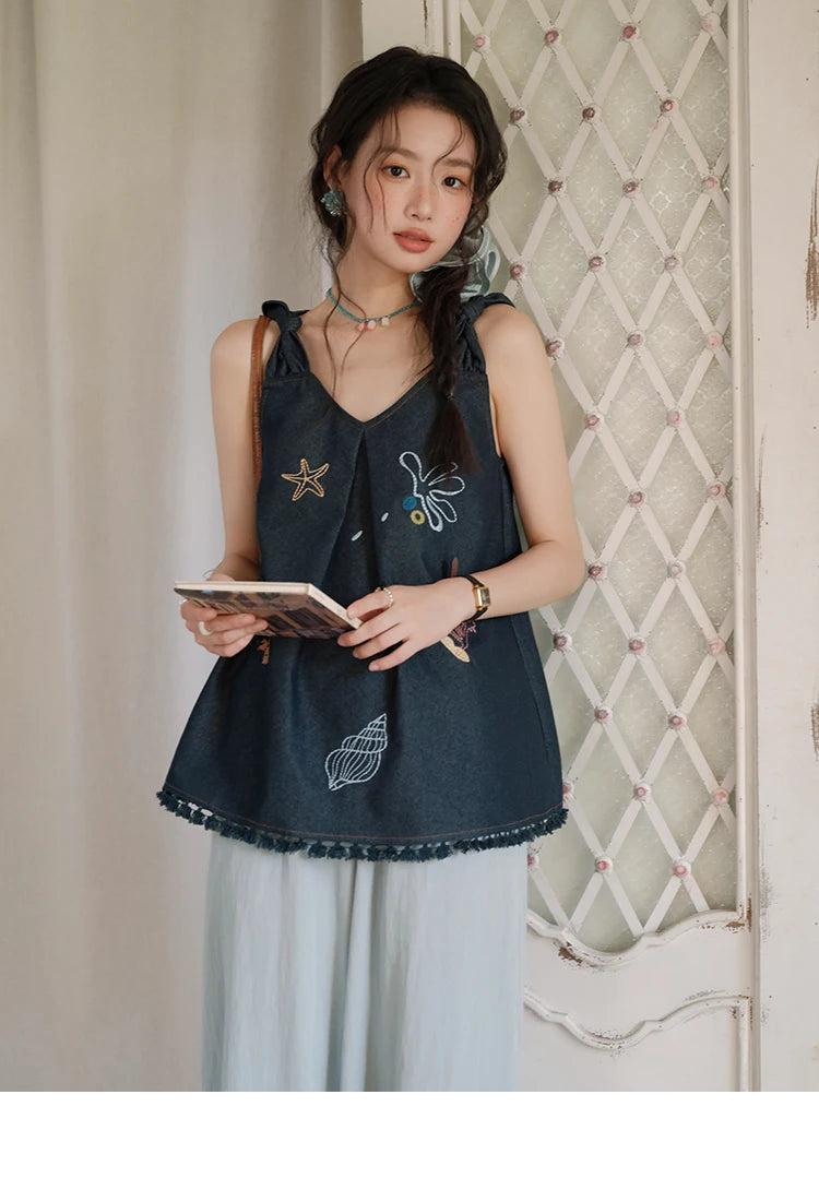 Mishow Embroidery Lace Tassel Denim Vest MXE37X1860