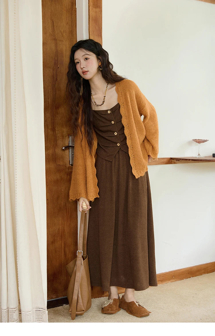 Mishow Retro Dark Brown Tank Top & Pleated A-Line Skirt Set MXE46T1378