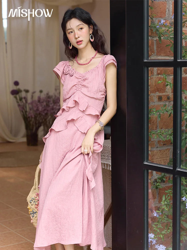 Mishow Flower Flying Sleeve V-Neck Pink Dress MXE34L2243