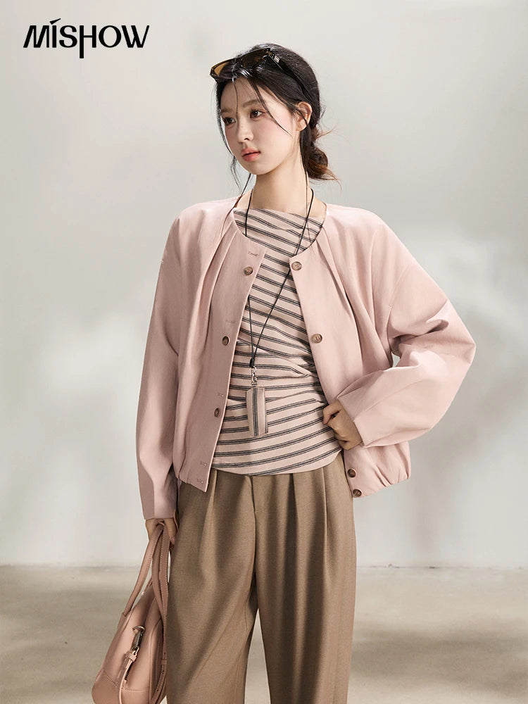 MISHOW Pink Flower Bud Leather Jacket Crew Neck Single-Breasted MXF108W1001