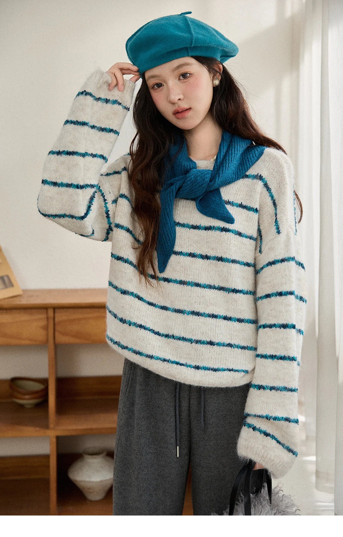 Mishow Blue Striped Alpaca Wool Sweater with Scarf Set MXE90Z2821