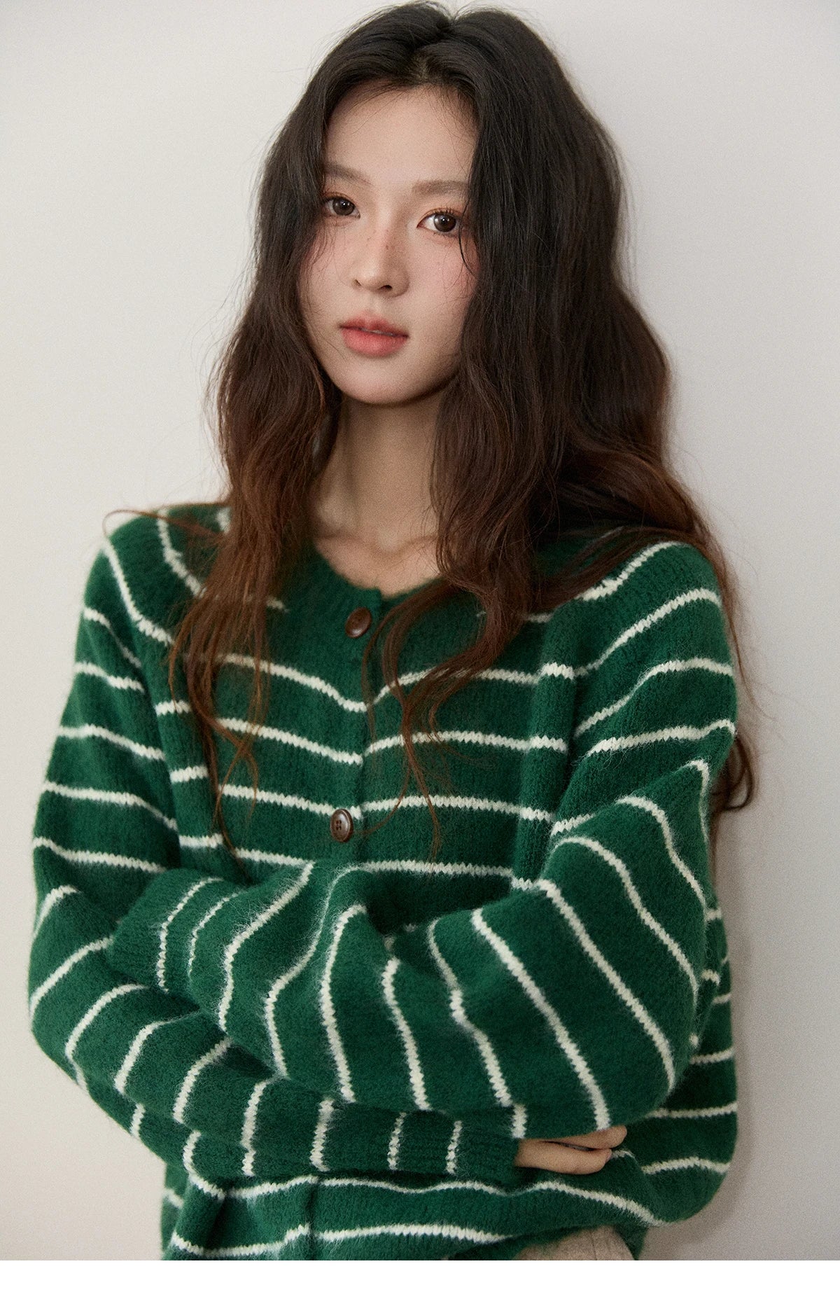 Mishow Green Striped Wool Blend Retro Cardigan MXE86Z2735