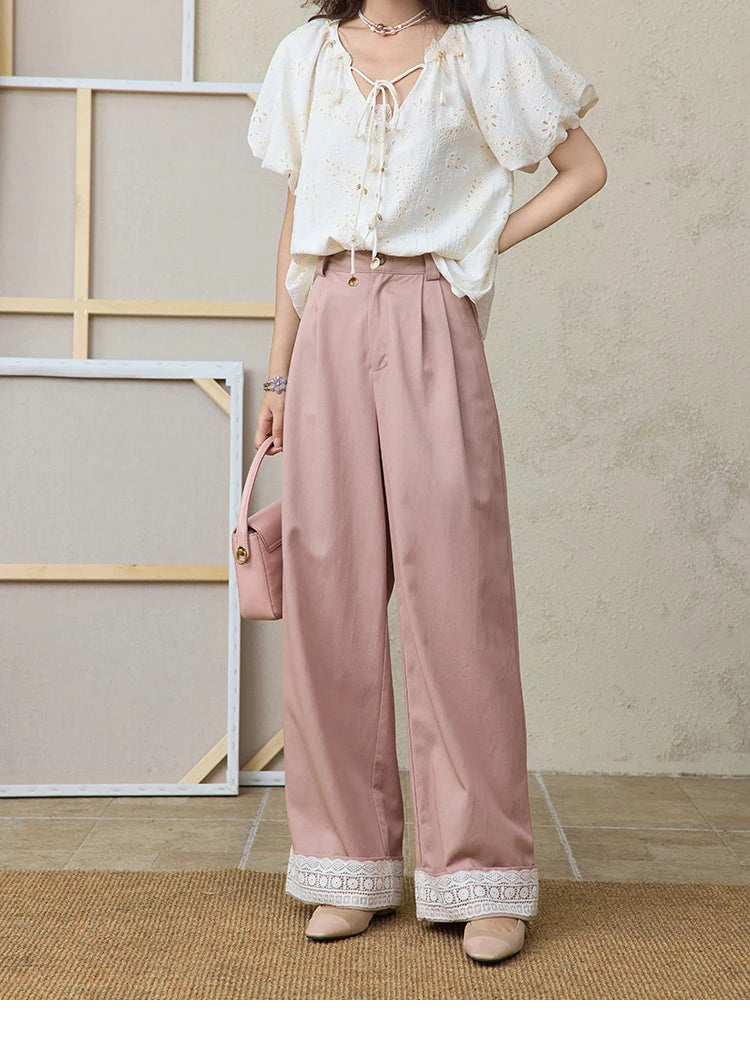 MISHOW Hem Lace Hollow Out Wide Leg Pants High Waist Pink MXE31K0900