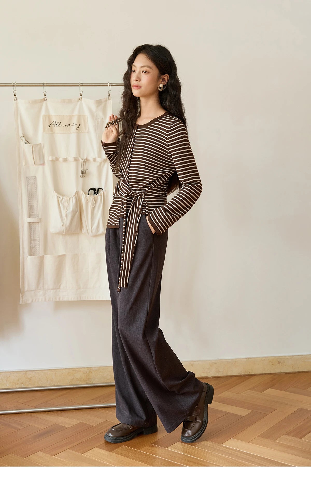 Mishow Coffee Striped Knitted Cardigan Sweater MXE46Z2537
