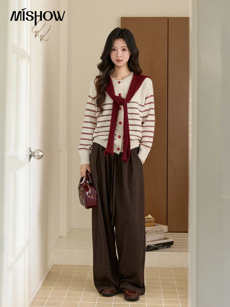 Mishow Beige Striped Red Scarf Button Cardigan MXE93Z2948